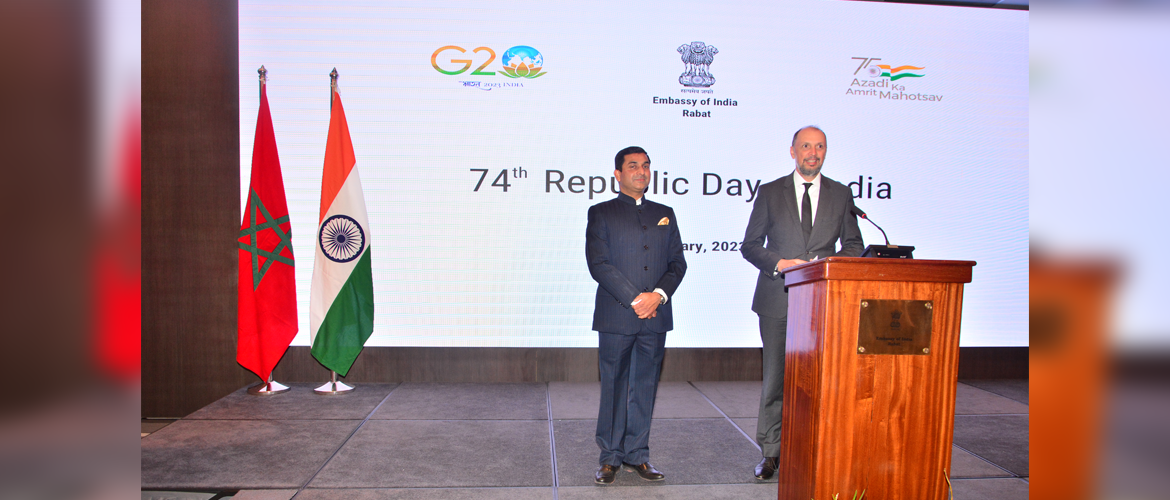  <p style="fcolor: #fff;  font-size: 15px; margin-bottom: -21px;"><b>H.E. Mr. Mohcine Jazouli, Minister Delegate to the Head of Government in Charge of Investment, Convergence and the Evaluation of Public Policies attended the Republic Day Reception hosted by Ambassador H.E Rajesh Vaishnaw as the Chief Guest</b></p>